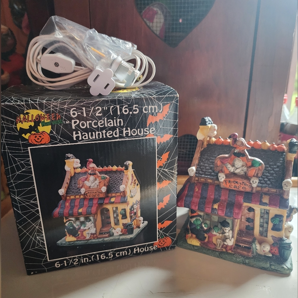 Halloween Harvest Trick or Treat Cafe Porcelain Lighted House